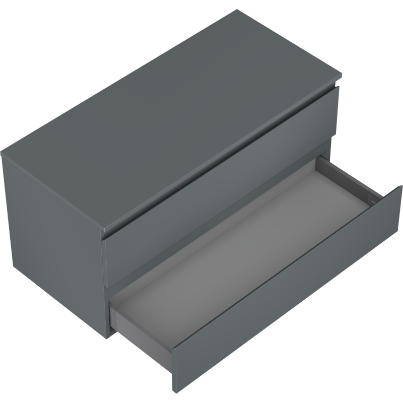 Servantskap til bad i grafitt matt med to skuffer, vist med øverste skuff trukket ut.