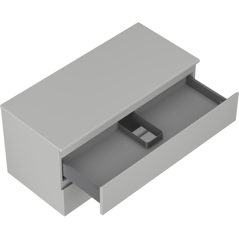 Servantskap uten vask grå matt Mexen Orio 100 cm med uttrekt skuff og sort innsats, sett skrått ovenfra.