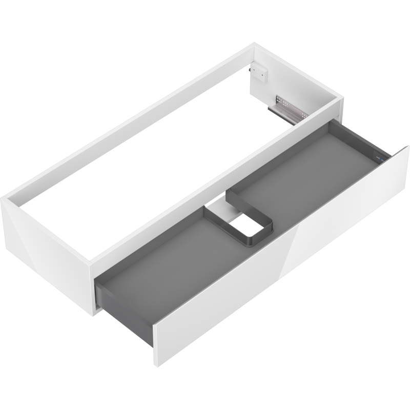 Servantskap uten vask 120 cm hvit høyglans med grå innside og utskjæring i skuffen.