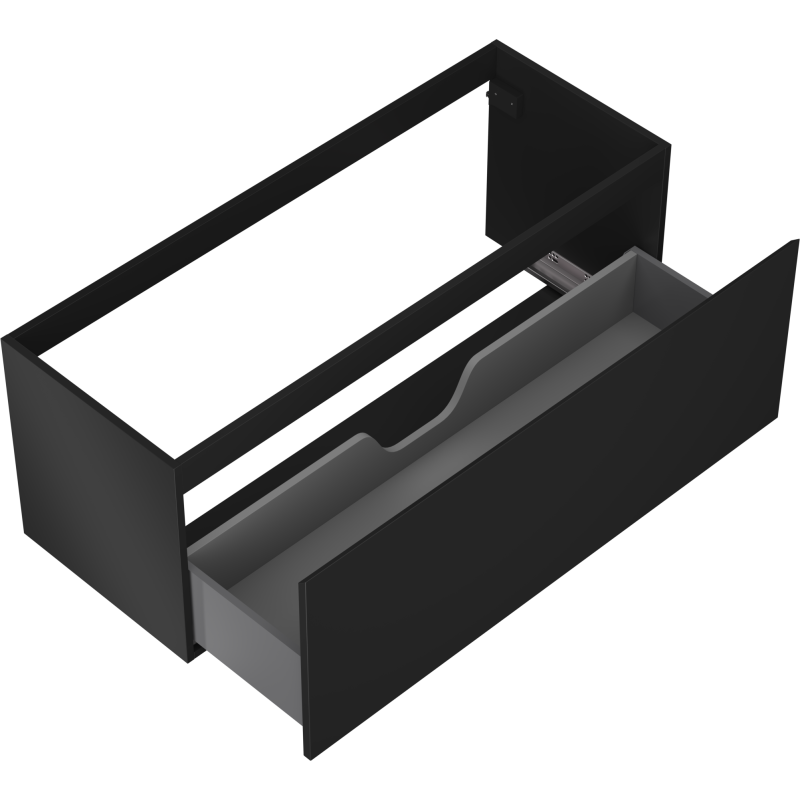 Servantskap uten vask 120 cm svart matt med åpen grå skuff og utsnitt for rør, sett skrått ovenfra.