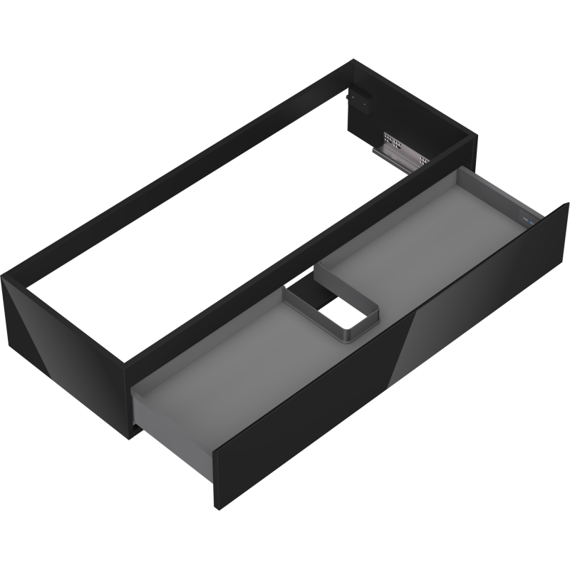 Servantskap uten vask svart høyglans Mexen Orio 120 cm sett ovenfra med U-formet rominndeling.