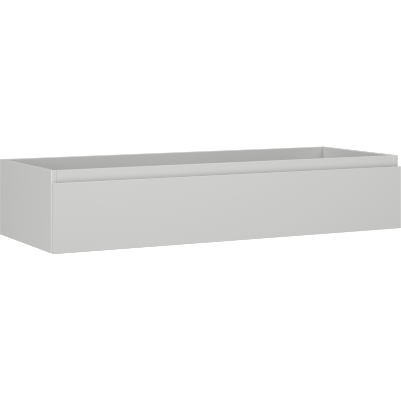 Servantskap 120 cm grå matt med én skuff, sett skrått forfra uten synlige håndtak.