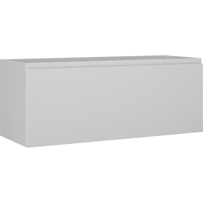 Servantskap 120 cm grå matt med én skuff og glatt front, sett fra skrå vinkel.