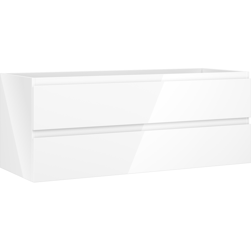 Servantskap 120 cm hvit høyglans med to brede skuffer uten håndtak, sett fra skrå vinkel.