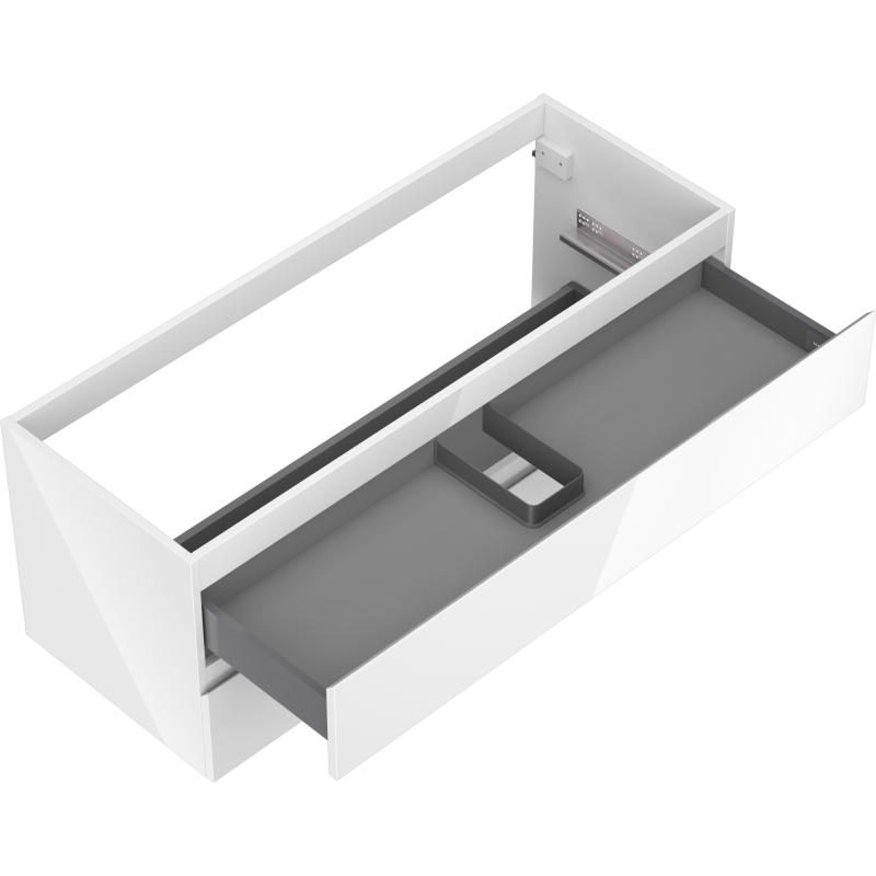 Servantskap uten vask hvit høyglans 120 cm med to skuffer, vist fra skrå vinkel ovenfra.