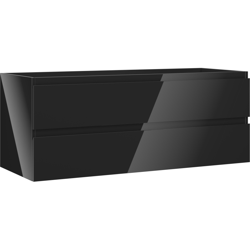 Servantskap 120 cm svart høyglans med to brede skuffer uten håndtak, sett fra skrå vinkel.