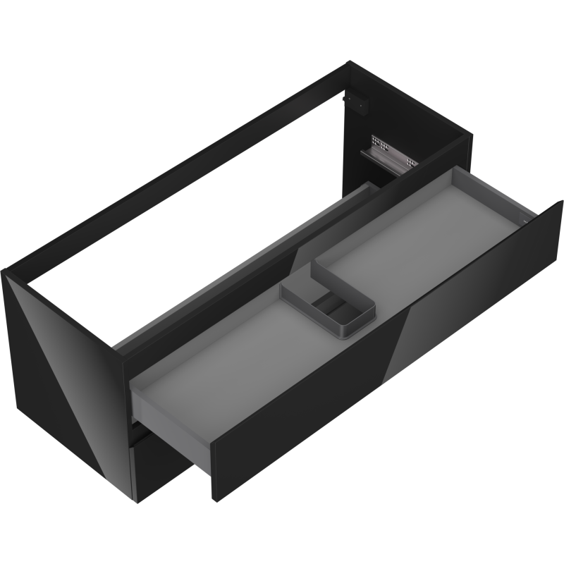 Servantskap uten vask svart matt skuff med rominndeling, sett ovenfra og fra siden, delvis uttrekt.