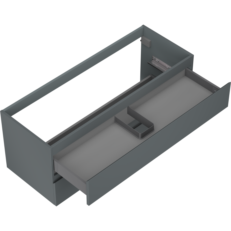 Servantskap uten vask 120 cm grafitt matt med to åpne skuffer og innsatsrom, sett skrått ovenfra.