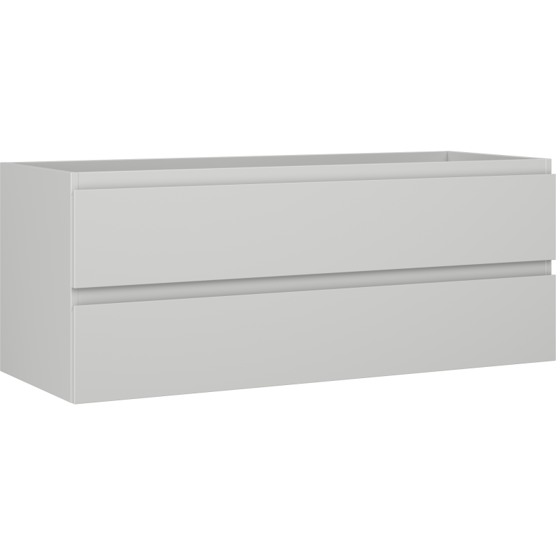 Servantskap 120 cm Mexen Orio i grå matt med to brede skuffer, sett fra skrå vinkel.