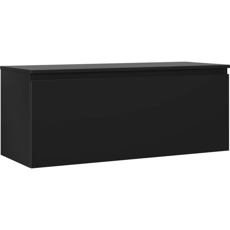 Servantskap 120 cm svart matt med én skuff, sett skrått forfra med lukket lokk.