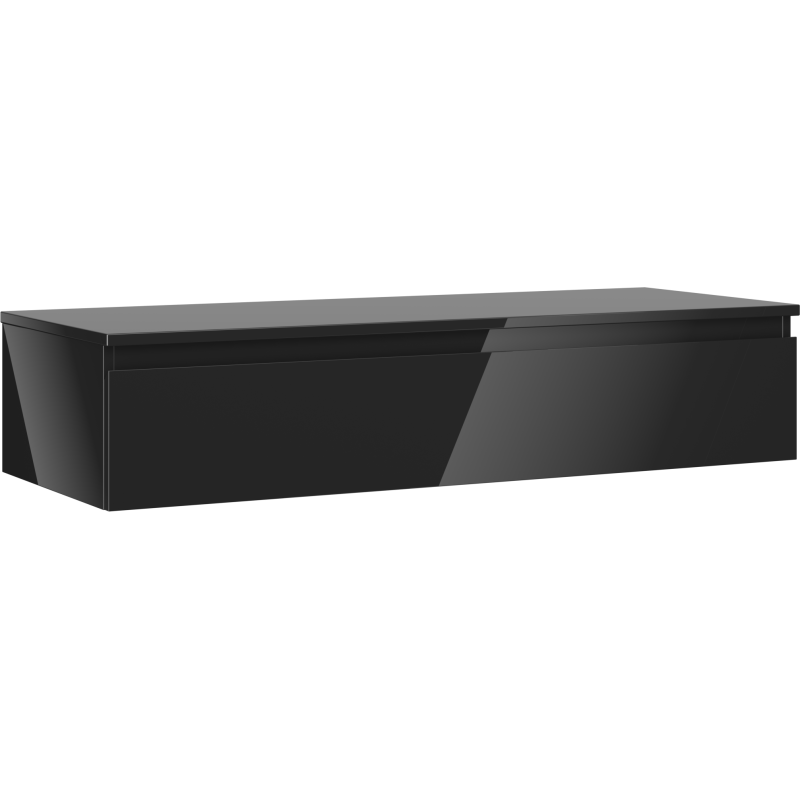 Servantskap 120 cm svart høyglans med én skuff, sett fra siden, vegghengt og moderne uten håndtak.