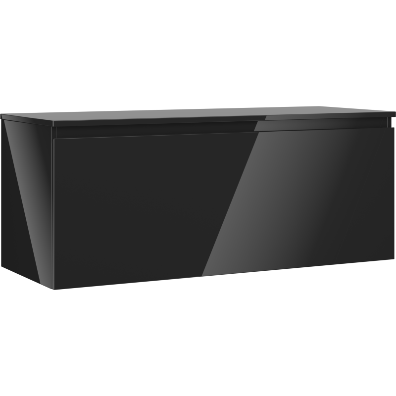 Servantskap 120 cm i svart høyglans med én skuff, sett skrått forfra uten synlige håndtak.