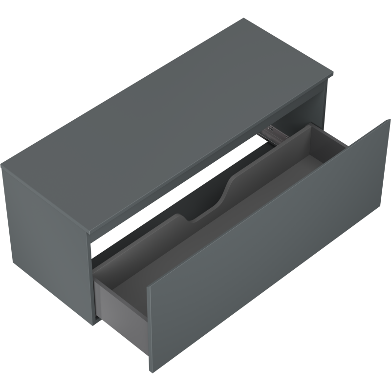 Servantskap uten vask 120 cm grafitt matt med én stor uttrekt skuff, vist i skrå fugleperspektiv.