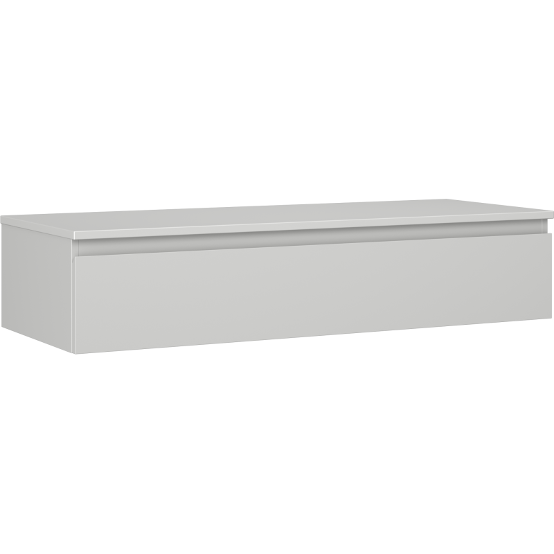 Servantskap 120 cm grå matt veggmontert med én skuff, sett fra skrå vinkel.