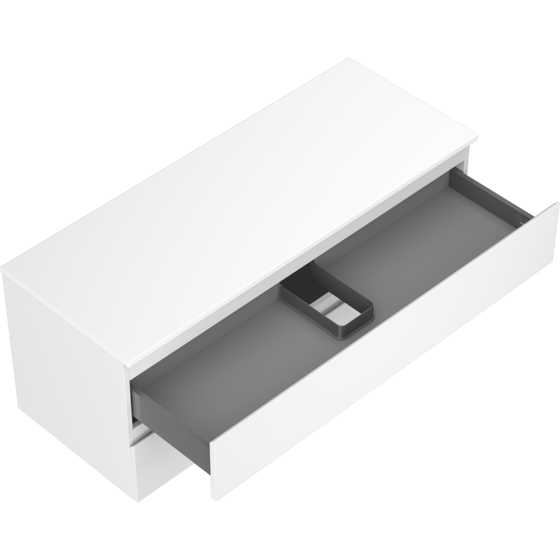 Servantskap uten vask 120 cm hvit matt med to skuffer, skrå vinkel og grå innsats.