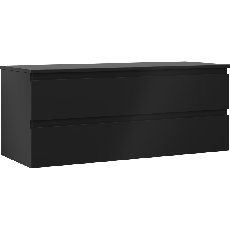 Servantskap 120 cm i svart matt med to brede skuffer, vist fra siden i lett vinkel.