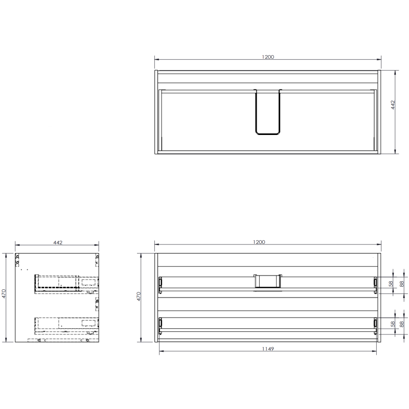 Servantskap teknisk tegning av Mexen Orio 120 cm med mål for høyde, bredde og dybde.