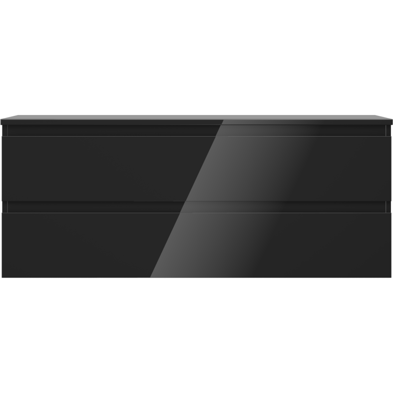 Underskap til servant Mexen Orio 120 cm i svart høyglans med to skuffer, sett rett forfra.