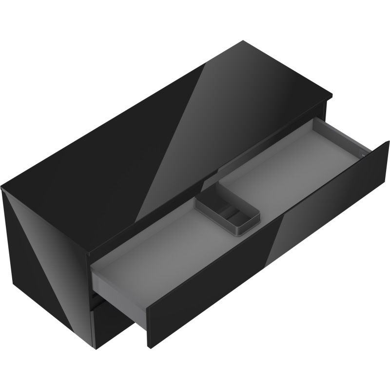 Servantskap uten vask 120 cm svart høyglans med åpen skuff og organiseringsinnsats sett ovenfra.