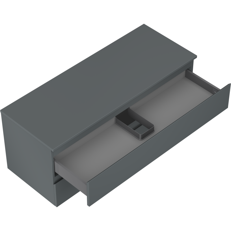 Servantskap uten vask 120 cm grafitt matt med åpen skuff og innsats til småting sett skrått ovenfra.