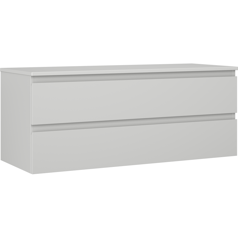 Servantskap 120 cm i grå matt med to store skuffer, sett skrått forfra fra venstre side.