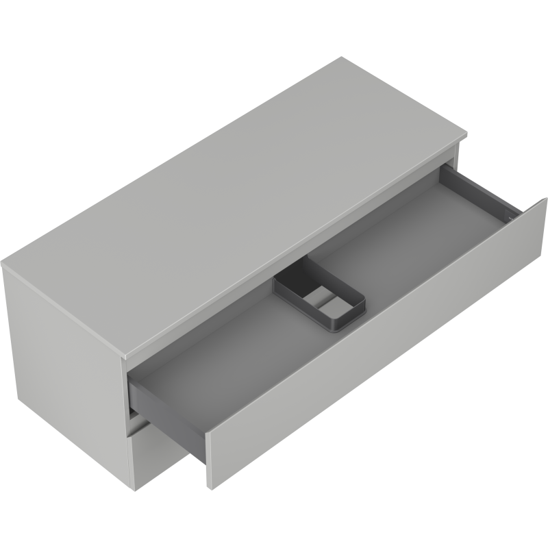 Servantskap uten vask grå Mexen Orio 120 cm med åpen skuff og firkantet rominndeling.
