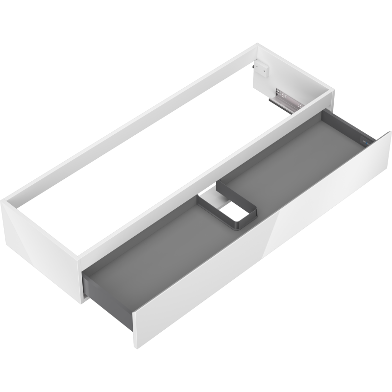 Servantskap uten vask 140 cm hvit høyglans med én skuff sett ovenfra, grå innside og rørutskjæring.