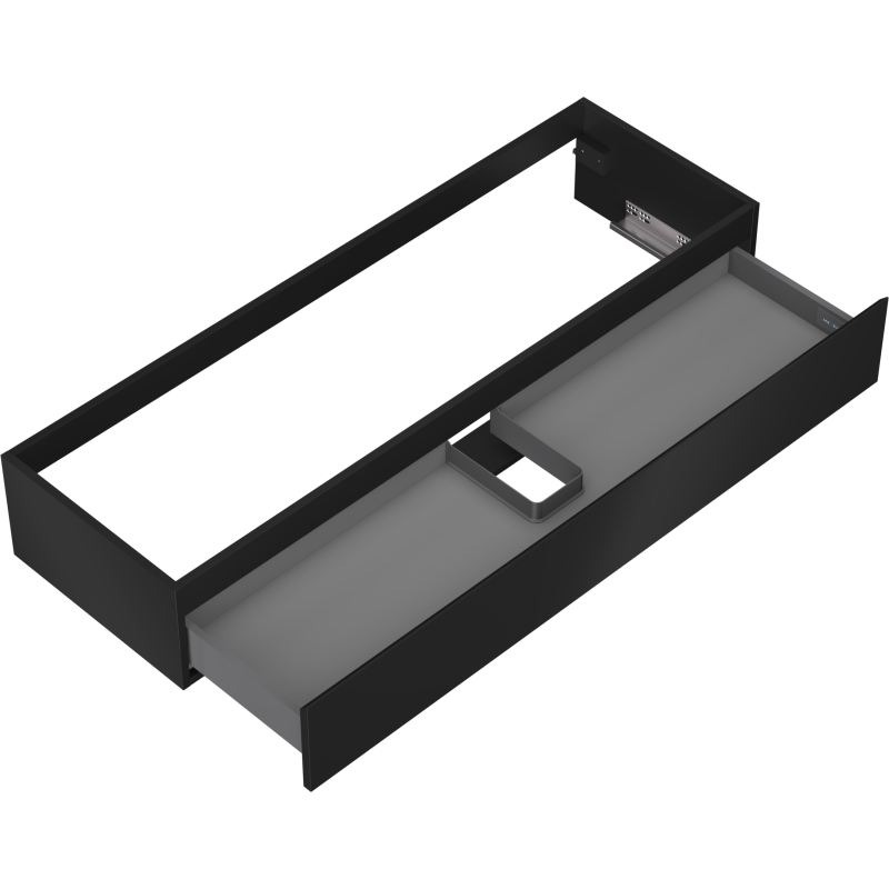 Servantskap uten vask svart matt Mexen Orio 140 cm med én skuff, sett skrått ovenfra.
