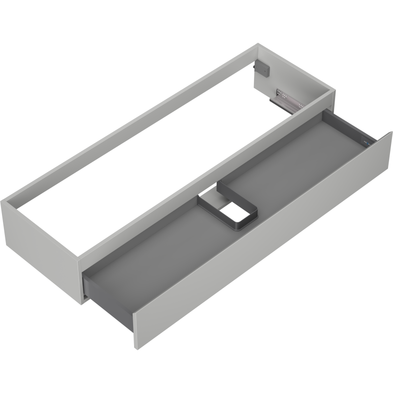 Servantskap uten vask grå Mexen Orio 140 cm sett ovenfra med utsparing og metallskinne i skuffen.