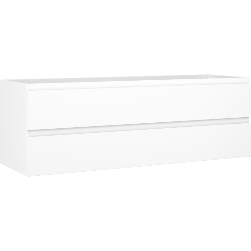 Servantskap 140 cm hvit matt med to skuffer i moderne, håndtaksløst design, sett fra skrå vinkel.