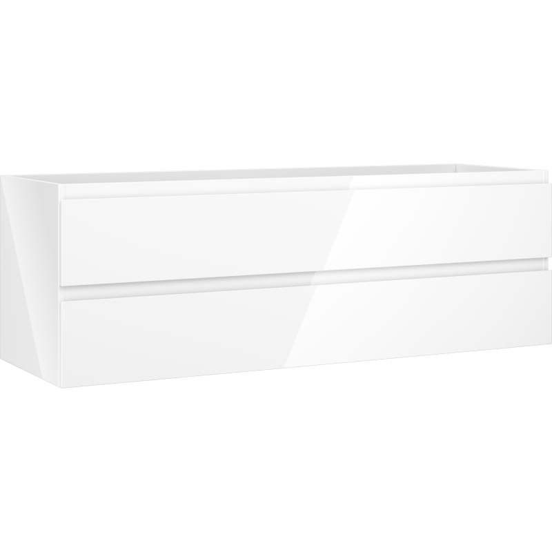 Servantskap 140 cm hvit høyglans med to skuffer, sett skrått forfra uten synlige håndtak.
