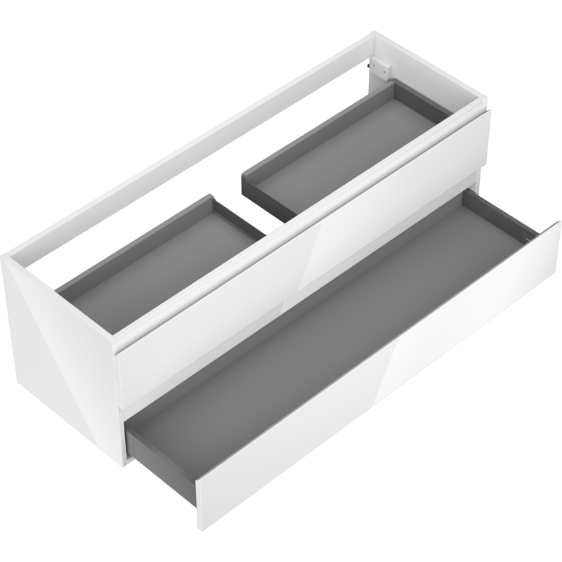 Servantskap til bad 140 cm hvit høyglans med to skuffer, sett skrått ovenfra uten håndtak.