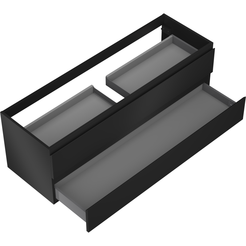 Servantskap til bad 140 cm svart matt med to åpne grå skuffer, sett skrått ovenfra.