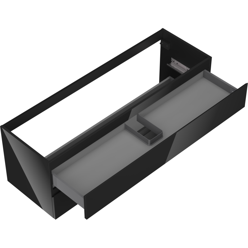 Servantskap uten vask 140 cm svart høyglans med åpen skuff og rominndeling, sett skrått ovenfra.