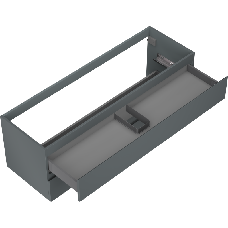 Servantskap uten vask grafitt matt 140 cm med åpen skuff og fleksibel inndeling sett fra skrått ovenfra.