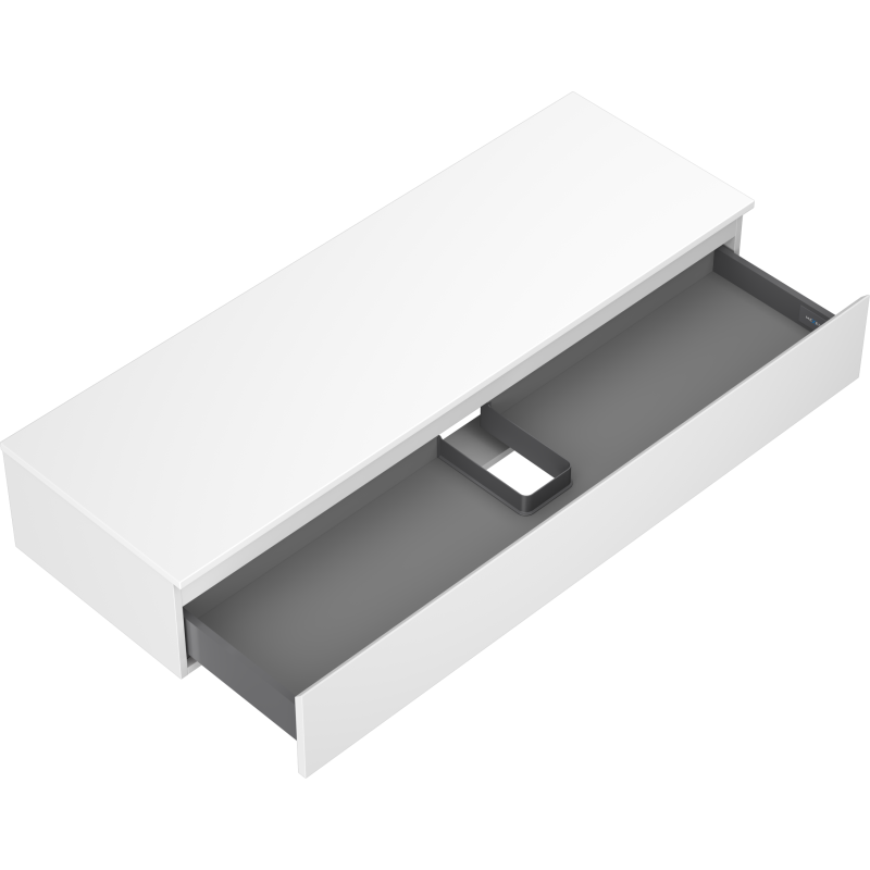 Servantskap uten vask 140 cm hvit matt med åpen skuff og grått interiør, sett i skrå vinkel.