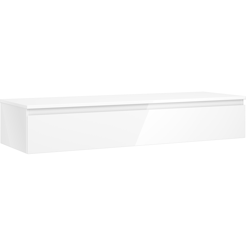 Servantskap 140 cm hvit høyglans med én skuff, sett fra skrå vinkel uten synlige håndtak.