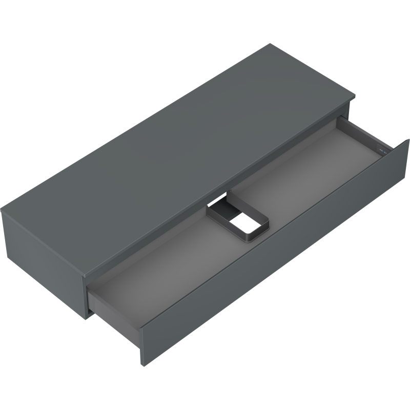 Servantskap uten vask 140 cm grafitt matt med én skuff, delvis åpen og vist i skrått fugleperspektiv.