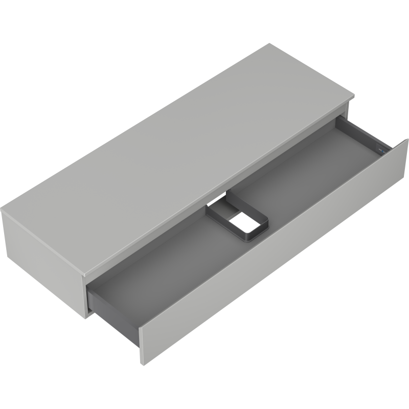 Servantskap uten vask 140 cm grå matt med åpen skuff og integrert romdeler sett skrått ovenfra.