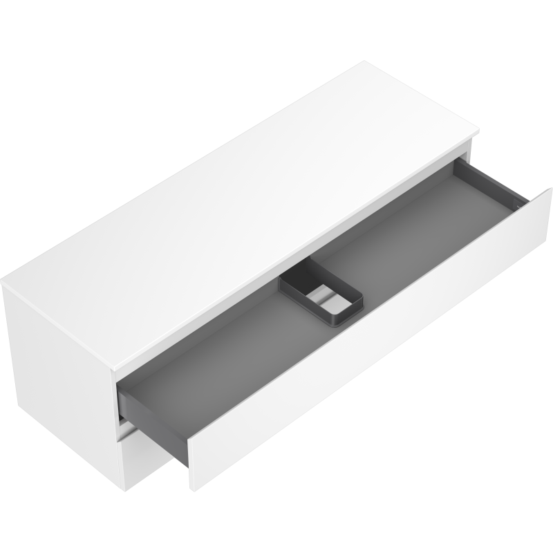 Servantskap uten vask 140 cm hvit matt med to åpne skuffer og grå innredning, sett skrått ovenfra.