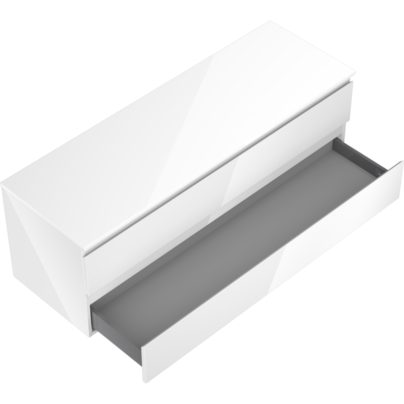 Servantskap til bad 140 cm i hvit høyglans med åpen skuff, sett skrått ovenfra.