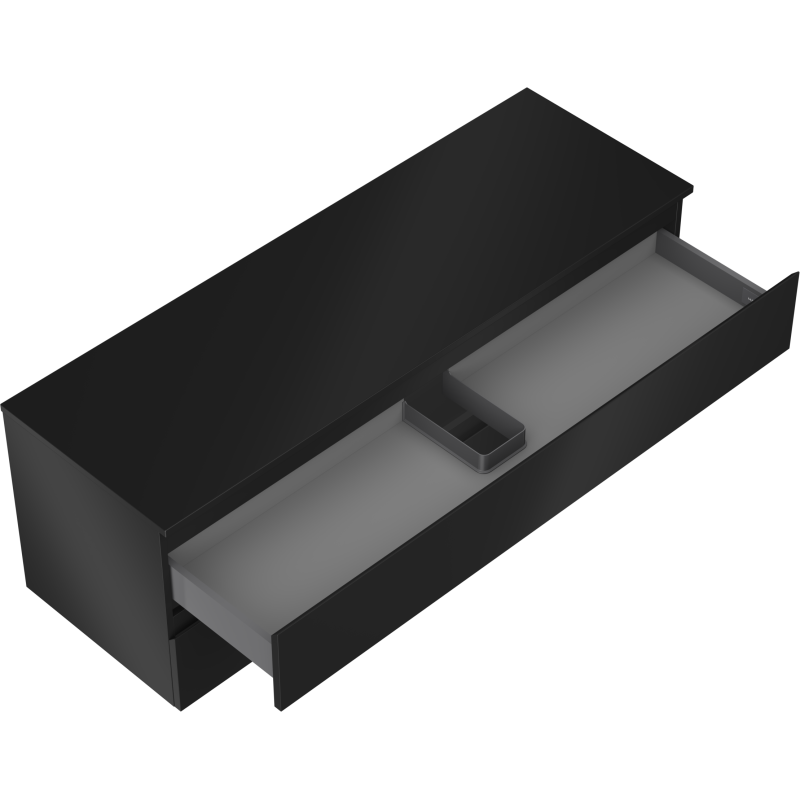 Servantskap uten vask svart matt Mexen Orio 140 cm med åpne skuffer og lysegrå innside.