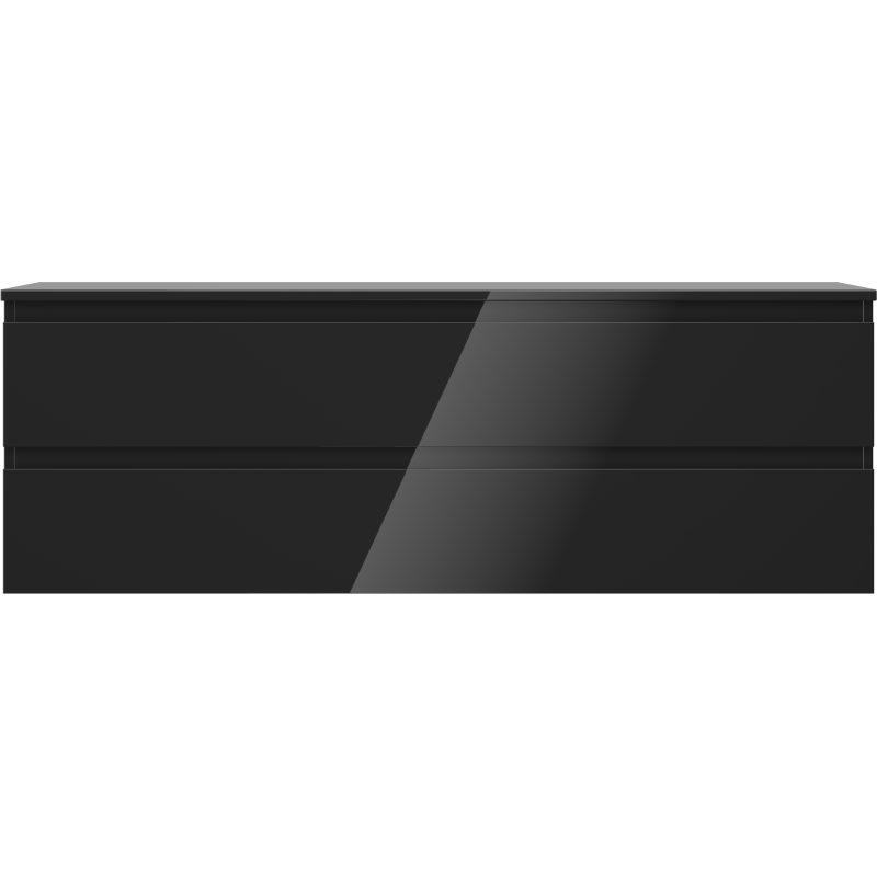 Underskap til servant 140 cm i svart høyglans med to brede skuffer, sett rett forfra.