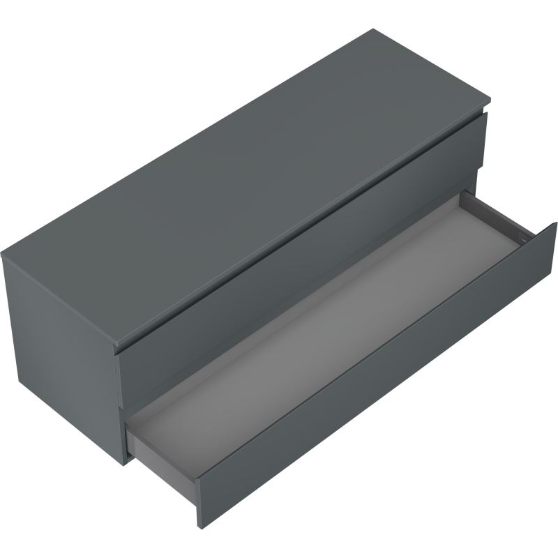 Servantskap til bad Mexen Orio 140 cm i grafitt matt med stor skuff halvveis ut, sett skrått ovenfra.