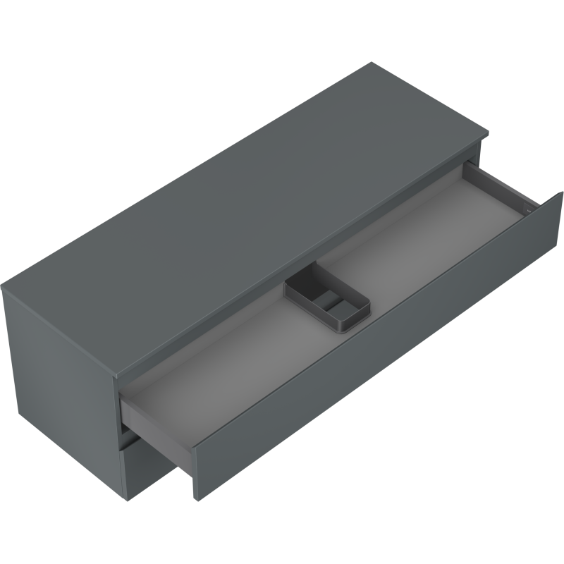 Servantskap uten vask 140 cm grafitt matt med åpen skuff og sort rominndeler, sett skrått ovenfra.