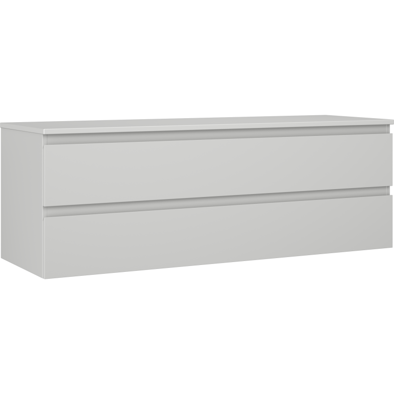 Servantskap 140 cm grå matt med to skuffer, sett skrått forfra uten synlige håndtak.
