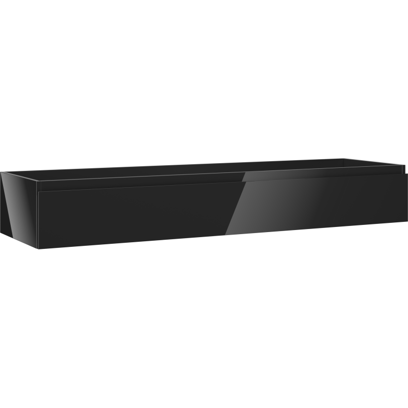 Servantskap 160 cm i svart høyglans med én skuff, sett fra skrå vinkel.