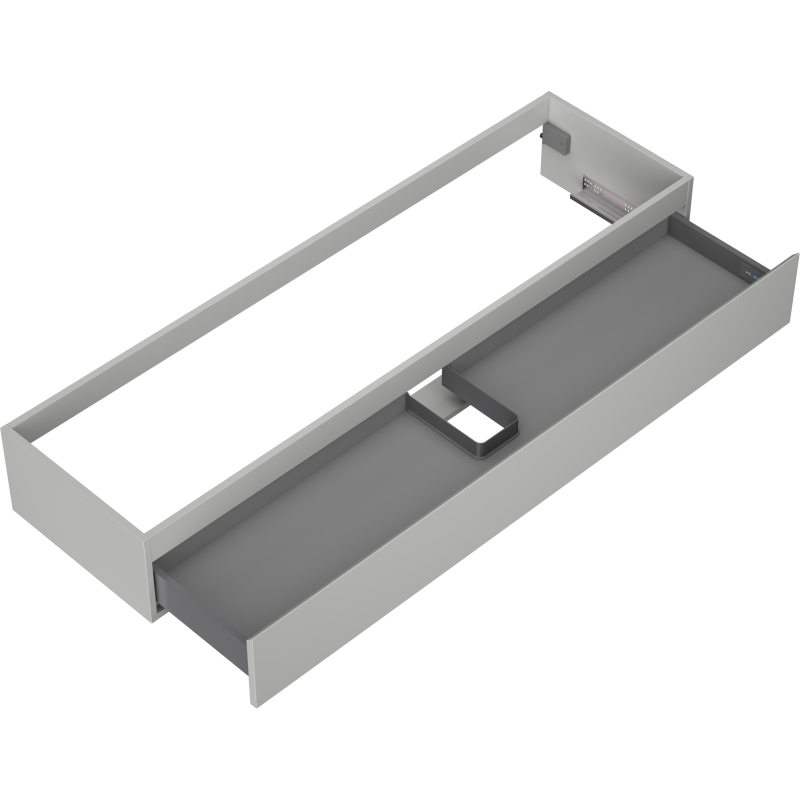 Servantskap uten vask grå Mexen Orio 160 cm med én skuff, sett skrått ovenfra.