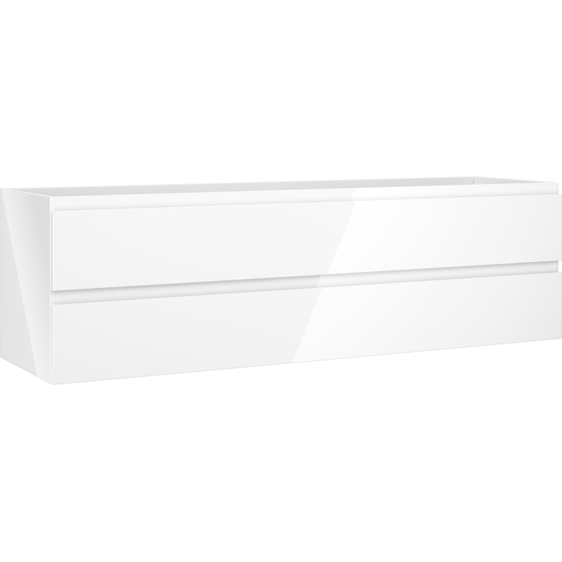 Servantskap 160 cm hvit høyglans med to skuffer, sett skrått forfra, moderne og håndtaksløst.