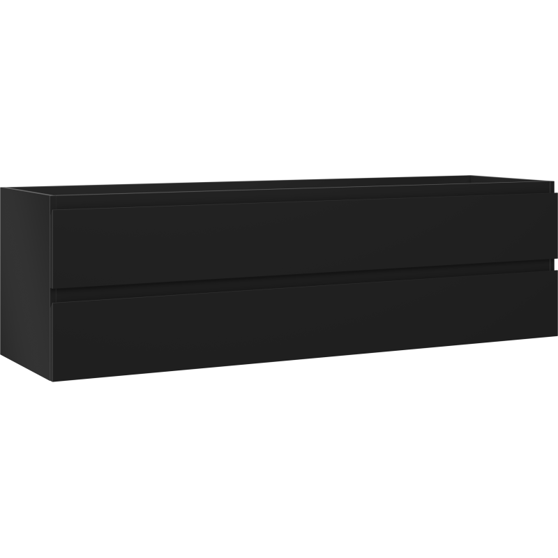 Servantskap 160 cm svart matt med to brede skuffer uten håndtak, sett skrått forfra.